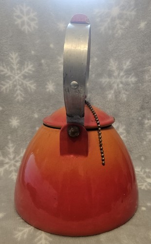 Vintage Descoware Enamel Cast Iron Tea Pot Kettle Orange Red With Lid - Picture 3 of 9