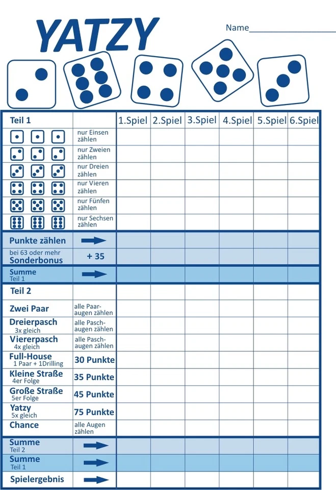 XL Spielblock für Yatzy Würfelspiel Pasch Schreibblock Notizblock Ersatzblock A5