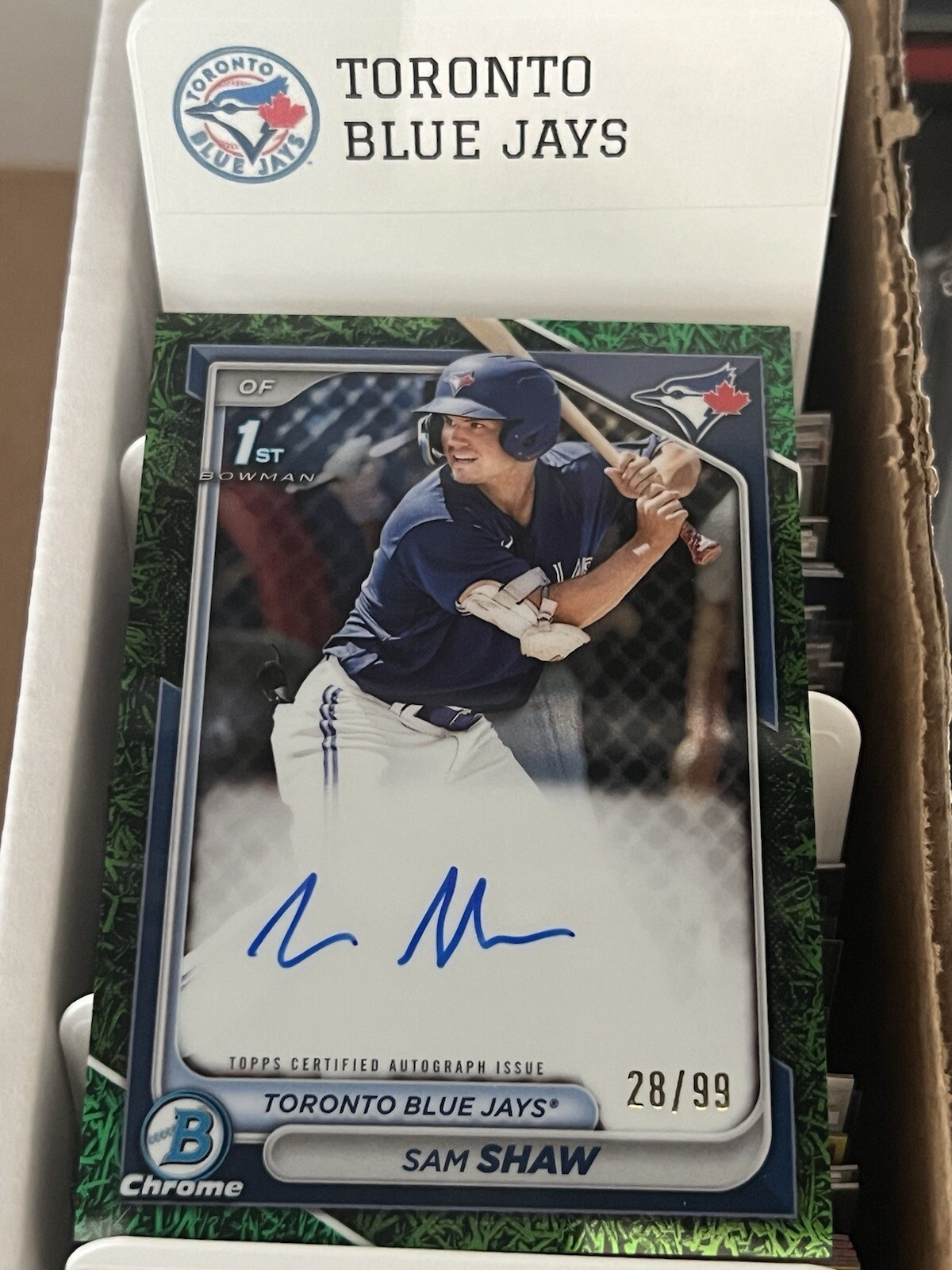 2024 Bowman Chrome Sam Shaw 1st Auto #CPA-SS Blue jays Green Shimmer 28/99