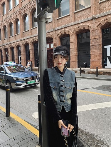 Midi Dress Denim Vest Set Women Long Sleeve Round Neck Black Velvet Size 6-14 - Picture 12 of 18