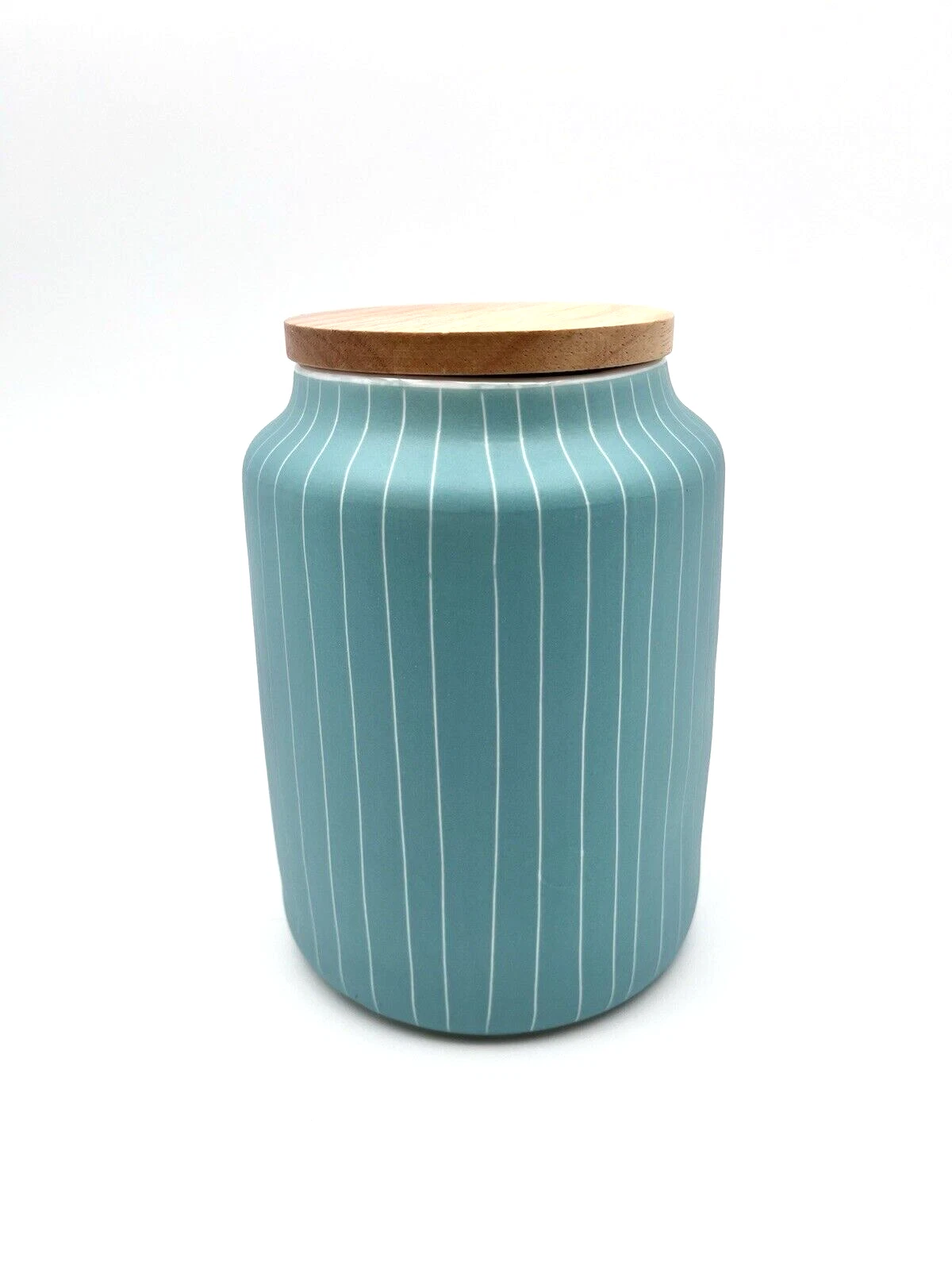 Anthropologie Blue / Teal With White Pinstripe 7.5 " Lidded Canister
