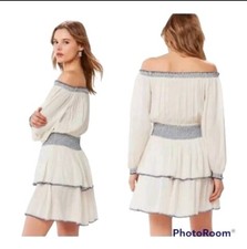 Urban Outfitters Saffron Skies Off The Shoulder Dress Creme & Blue Small