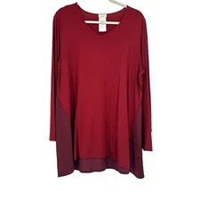 Logo Lori Goldstein Red Tunic Top Satin Back Long Sleeve Lagenlook Size XL