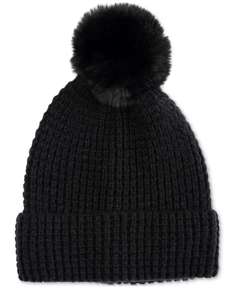 Black Knit Beanie with Faux Fur Pom Black Faux Fur Pom Pom Beanie Hat – Mint Velvet main image 2