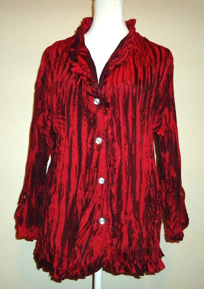 #C Agora Mujer Arrugado Jaipur Boho Rojo Elastizado Blusa Acento Botones Talla-1X Foto 2 de 4
