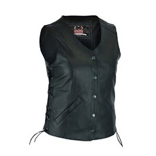 Womens Leather Vest Open Neck Women Motorcycle Vest with Laces Armory Pockets