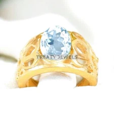 Aquamarine Oval Cut With 925 Sterling Silver Gold Plated Ring For Men's #A154 *