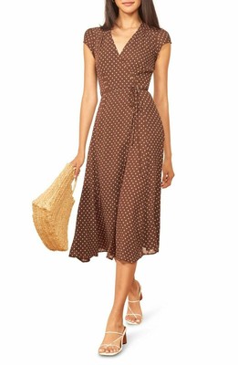 brown polka dot wrap dress