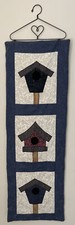 Vintage Handmade Birdhouses Art Quilt Wall Hanging Blues  Gray- 26  x9  