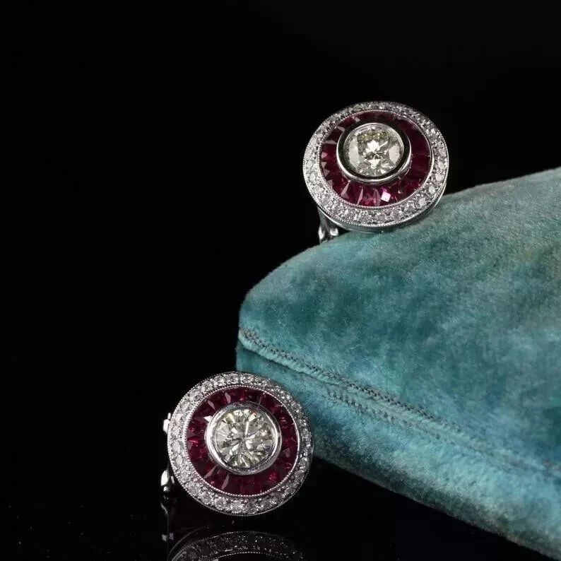 Vintage Art Deco Style 2Ct Lab Created Diamond Ruby Earrings 14k White Gold FN - Image 2 of 4