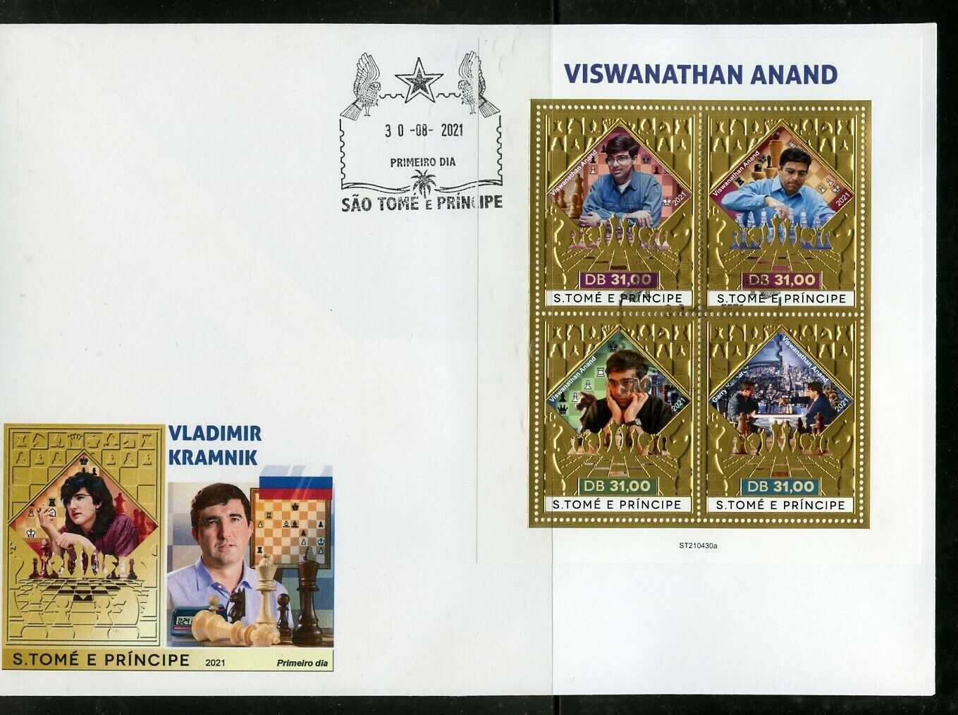 SAO TOME 2021 VISWANATHAN ANAND CHESS MASTER GOLD FOIL S/SHEET MINT NH