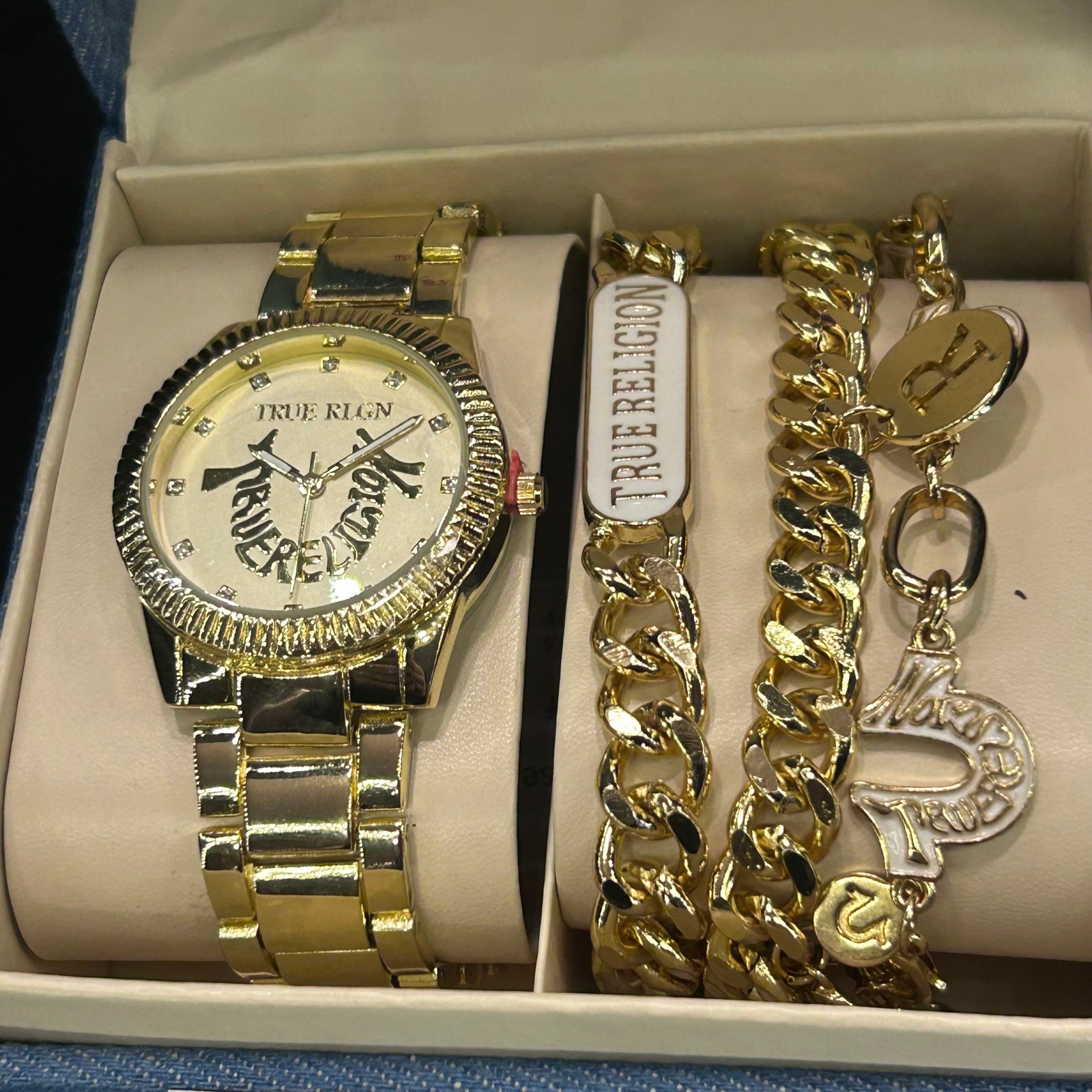 New True Religion Gold Tone Watch and Bracelet Combo Gift Set in Denim Box thumbnail 4