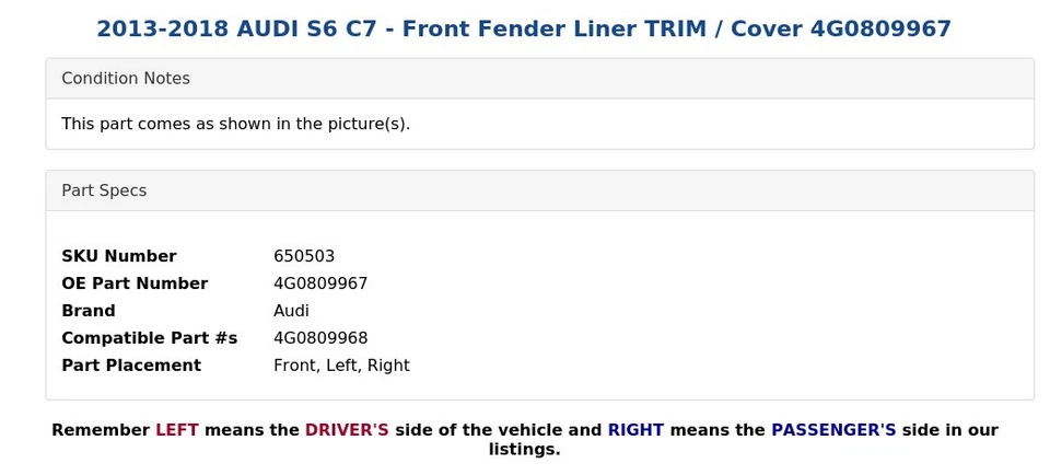 AUDI S6 C7 2013-2018 - Guardabarros delantero revestimiento/cubierta 4G0809967 Foto 4 de 4
