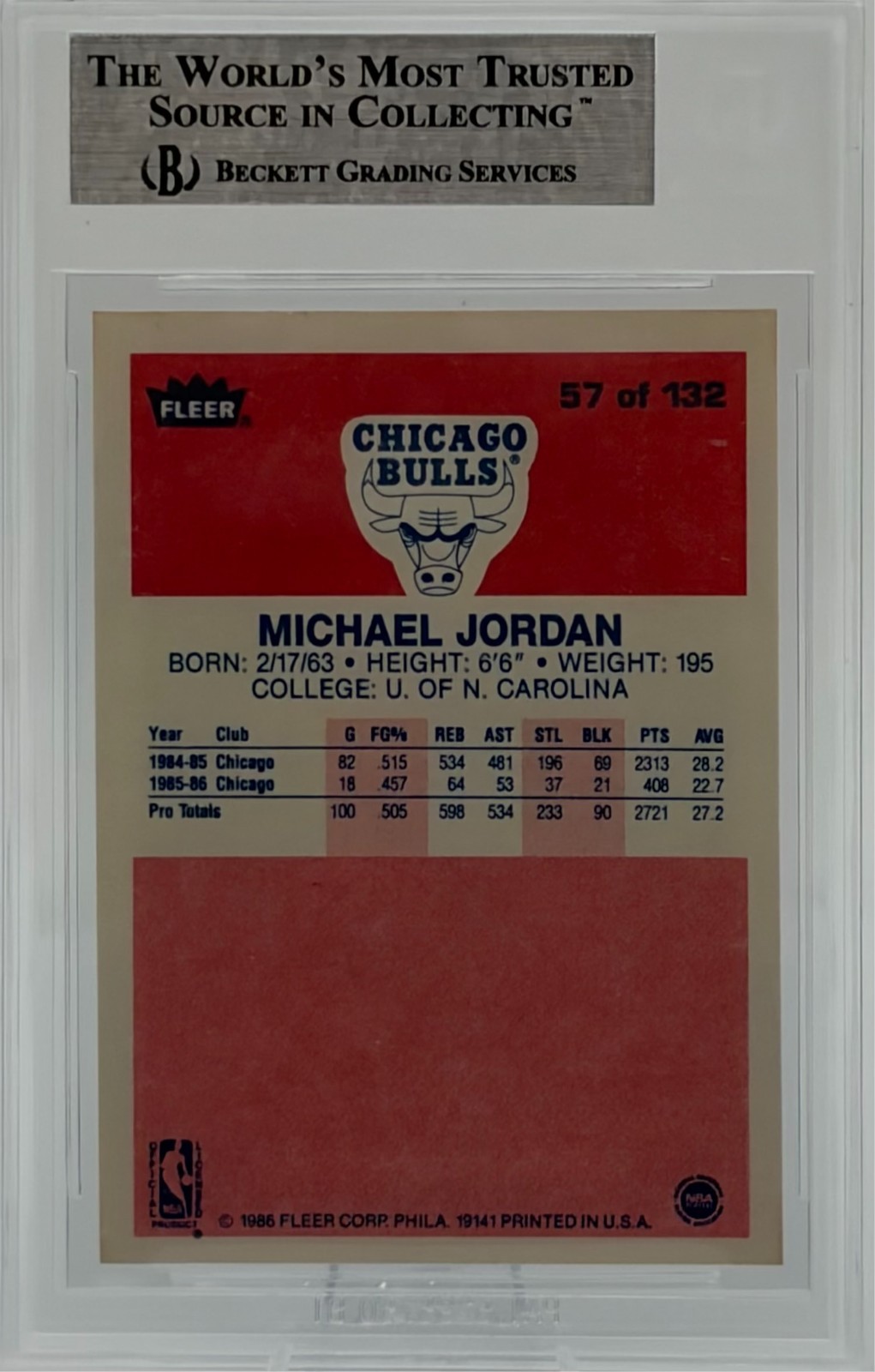 1986 Fleer #57 Michael Jordan Rookie BGS 9.0 (9.5 CENTERING & CORNERS!!) view 2