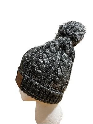 Gertex OS  Cable Knit Pom Pom Beanie Winter Hat Gray White Black Snowflake Logo