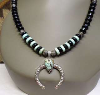 Vintage Sterling Stamped Navajo Pearls Onyx Spiderweb Turquoise Naja Necklace