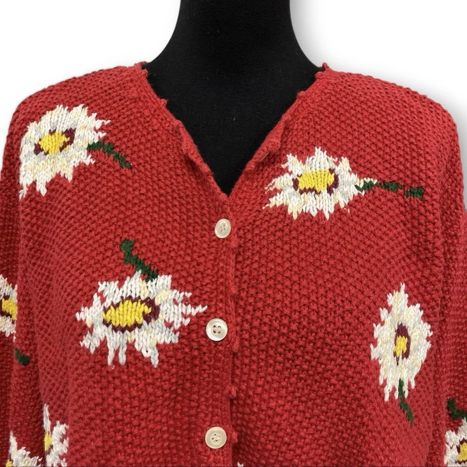 Cárdigan Eddie Bauer Vintage Años 90 Tejido a Mano Margarita XL Rojo Mezcla de Lino Tejido Suéter Foto 4 de 4