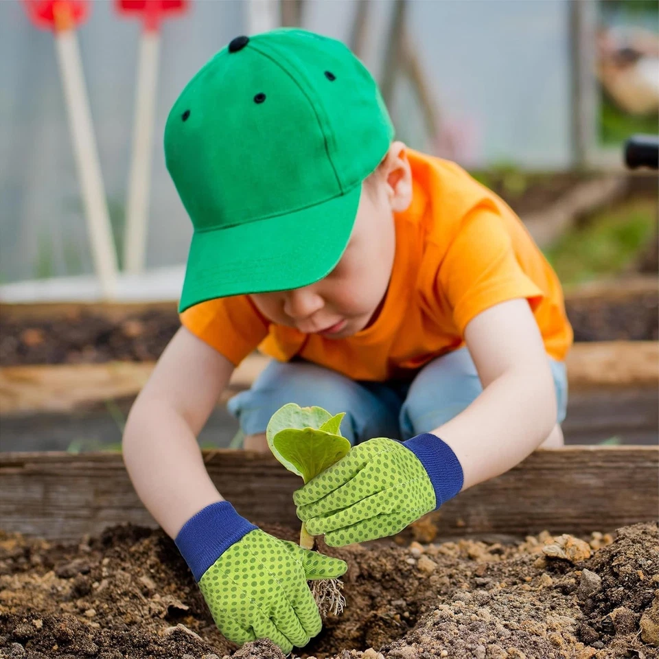 Breathable Cotton Gardening Gloves for Kids - 4 Pairs in Green Dot, Small Size - Image 4 of 4