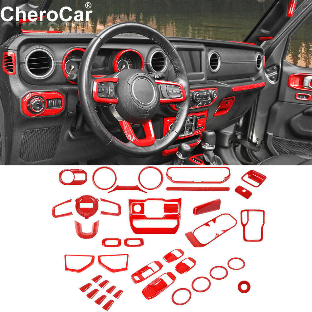 39X Full Set Interior Accessories Trim Cover Kits For 18+Jeep Wrangler JL JT Red