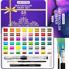 48 Color Watercolor Paint Set in Portable Box Metallic Fluorescent Colors