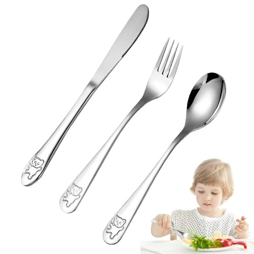 Kids Cutlery Set Stainless Steel Knife, Fork & Spoon With Engraved Bear - Picture 6 of 11