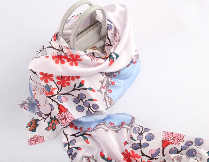 100% Satin Silk Scarf Women neckerchief Shawl Wrap Floral pink red blue JH3-34