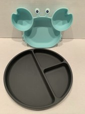 2 Silicone Divided Toddler Plates Suction Bottom  1 Gray, 1 Aqua Blue Crab 