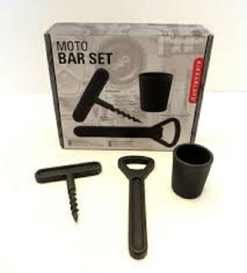 Kikkerland MOTO Cast Iron Bar Set of Bottle Opener, Corkscrew and 1 oz Jigger