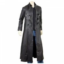 Men's Goth Steampunk Gothic Leather Trench Coat Jacket Full Length Black Coat
