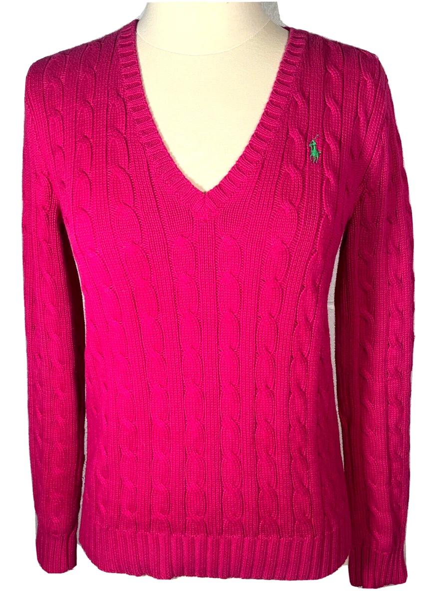 Polo Ralph Lauren Sport Sweater Womens Medium M Pink Cable Knit V Neck Cotton