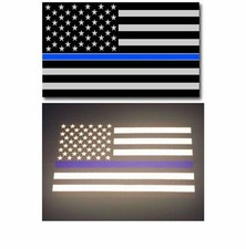 TWO 5"x 3" REFLECTIVE AMERICAN FLAG FALLEN OFFICER THIN BLUE LINE DECAL STICKER