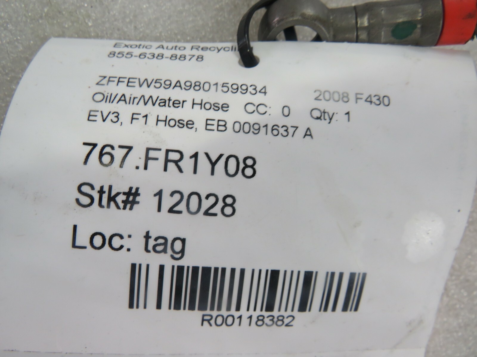 Ferrari F430, EV3 F1 Hose, Used, P/N 0091637 A