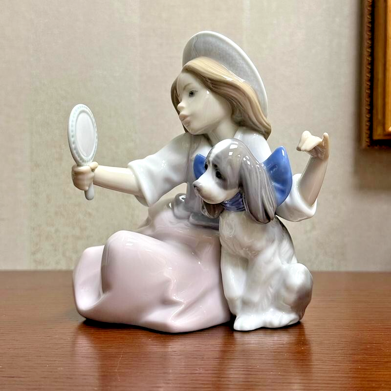 パステルLLADRO 陶器製少女像 Lladro Vintage Porcelain Figurine Statue Girl with Dog Figure