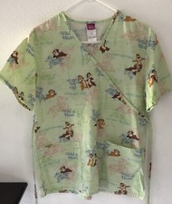 Disney Chip Dale Chipmunks Scrub Top Green Size SM Short Sleeve V Neck 2 Pockets