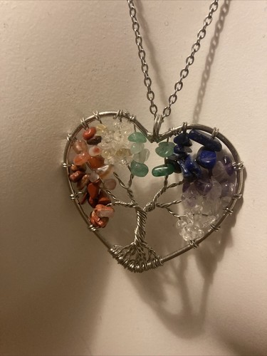 Chakra Tree Of Life Pendant Necklace Crystal Quartz Stone Silver Wire Heart Gift - Picture 2 of 7