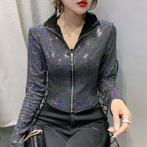 Lady Shiny Glitter Sequin Short Jacket Long Sleeve Zip Cardigan Coat Party Dance - Picture 6 of 15