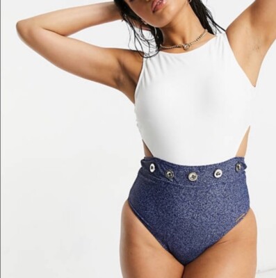 Juicy Couture NWOT! Blue Jeans/White Boardwalk Sass Cutout Swimsuit Sz L