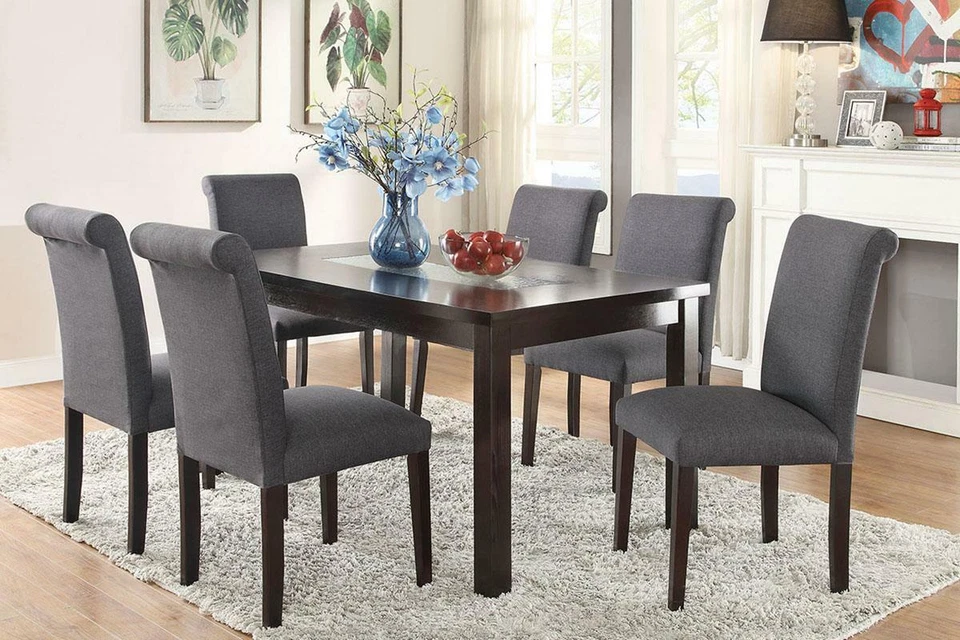 Juego de 2 sillas laterales de comedor con respaldo rizado de madera maciza de tela gris azul Foto 2 de 2