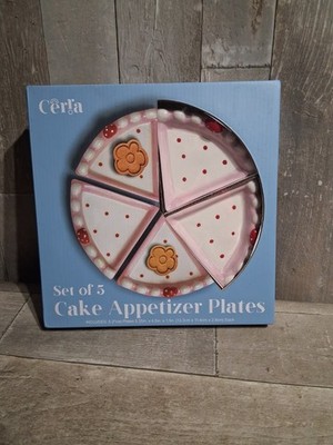 CERRA Cake Slices Appetizer Plates NEW Set of 5 Pink White Pie/Cake Display
