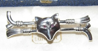 Vintage 925 Sterling Silber Rubin Augen Fuchs & Reitgerte Peitschen Brosche Stock Pin
