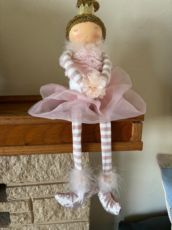 Ballerina Girl Doll Shelf Sitter Figurine Pink Lace Tutu Holding Ribbon