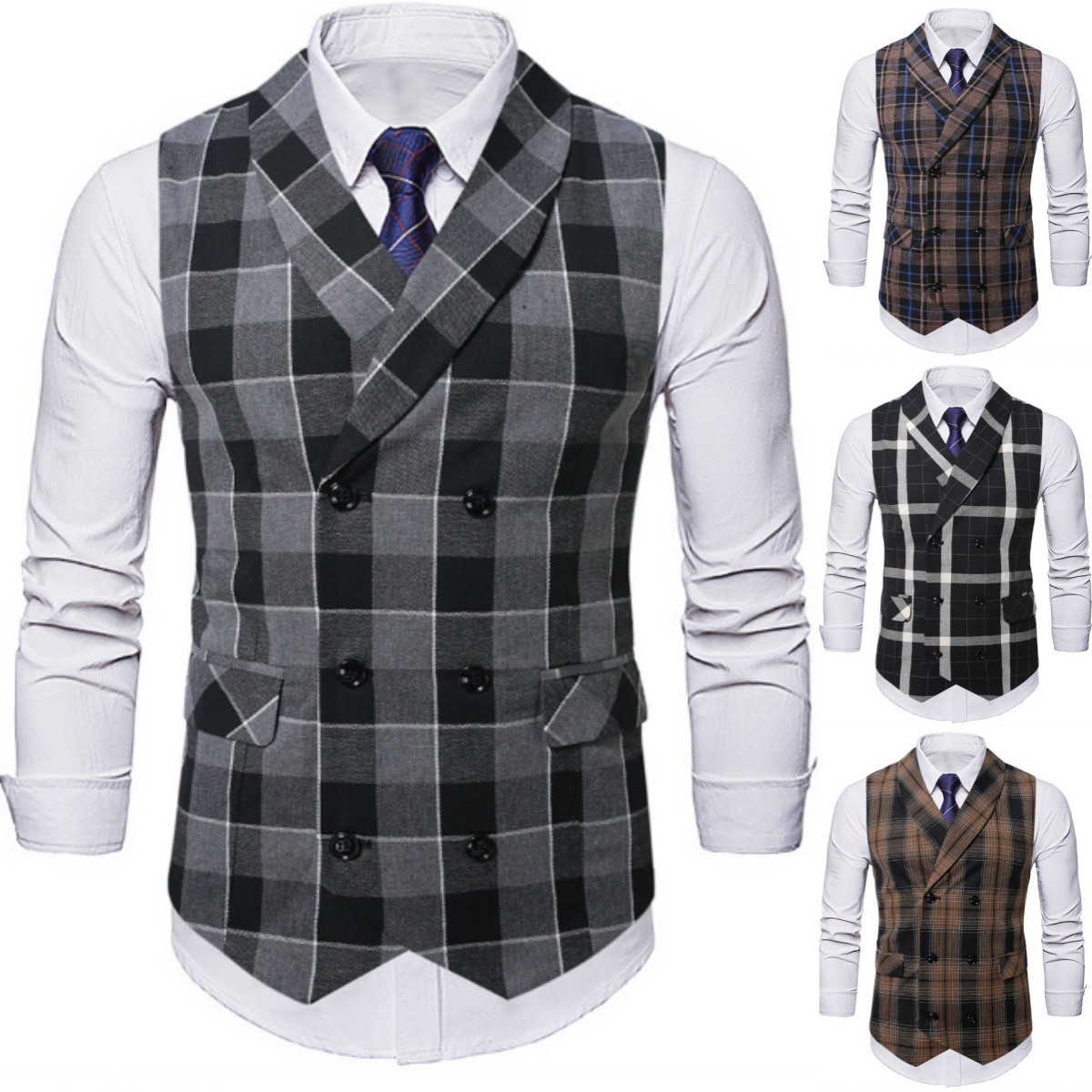 Check Men's Dress Vests Shawl Lapel Double Breasted Formal Business Waistcoats