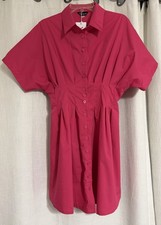 NEW Women Dress Button-Front Pleated Pink Short Sleeve Easter Shirt Dress Mini M