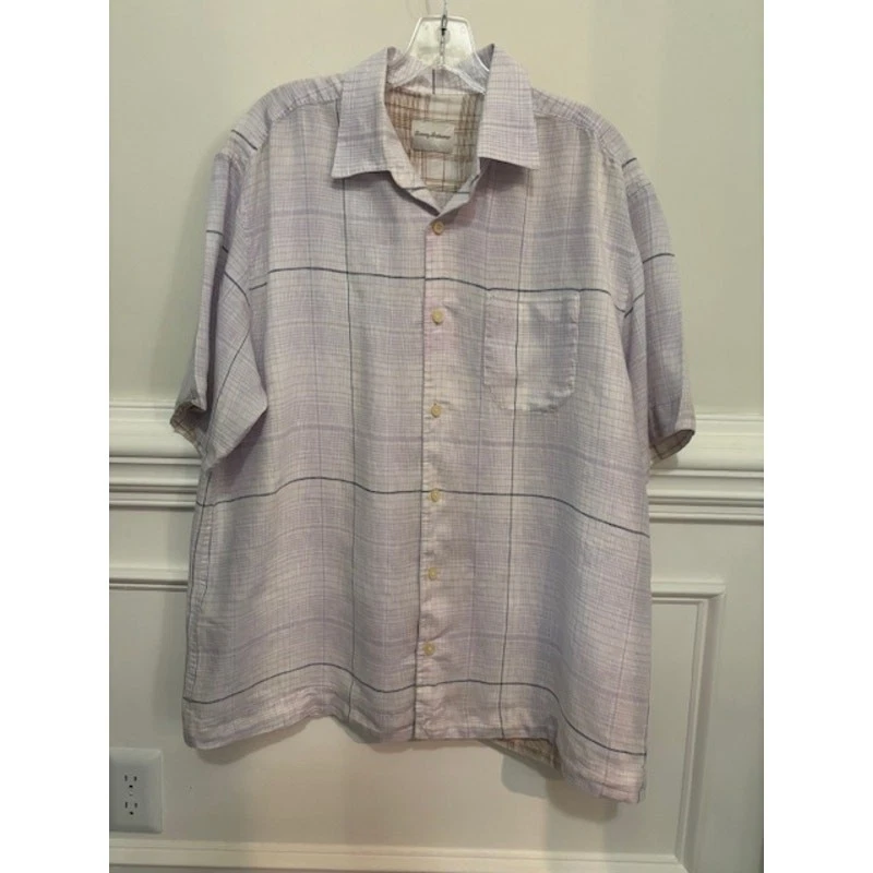 Tommy Bahama Linen Shirt Short Sleeve Plaid Button Down Mens Large Casual