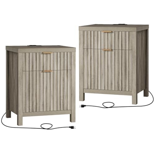 2 Drawers Farmhouse With Charging Station Set Of 2, 2 Drawers