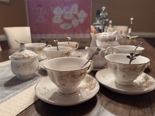 22 Piece White Gold Floral Porcelain Tea Set with Teapot and Cups
