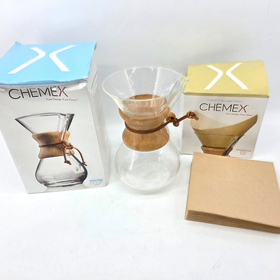 Chemex 6 Cup Pyrex Glass Pour Over Coffee Maker USA Wood Collar w Filters