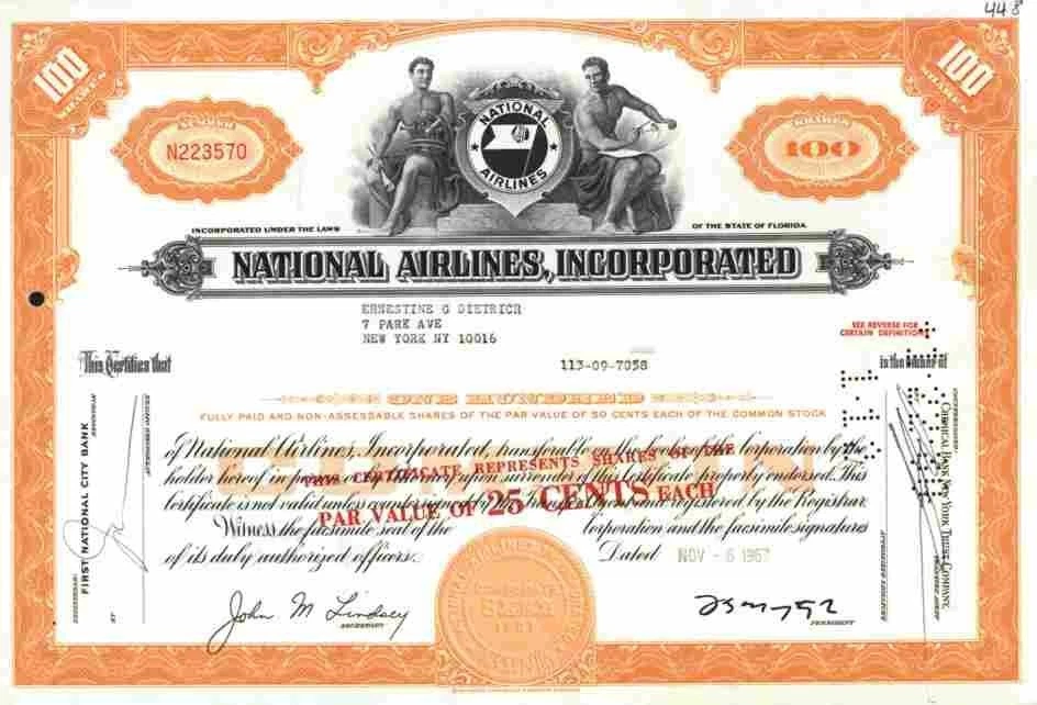 National Airlines 1967 Jacksonville 100 S Orlando Miami Florida Historical Share - Bild 1 von 1