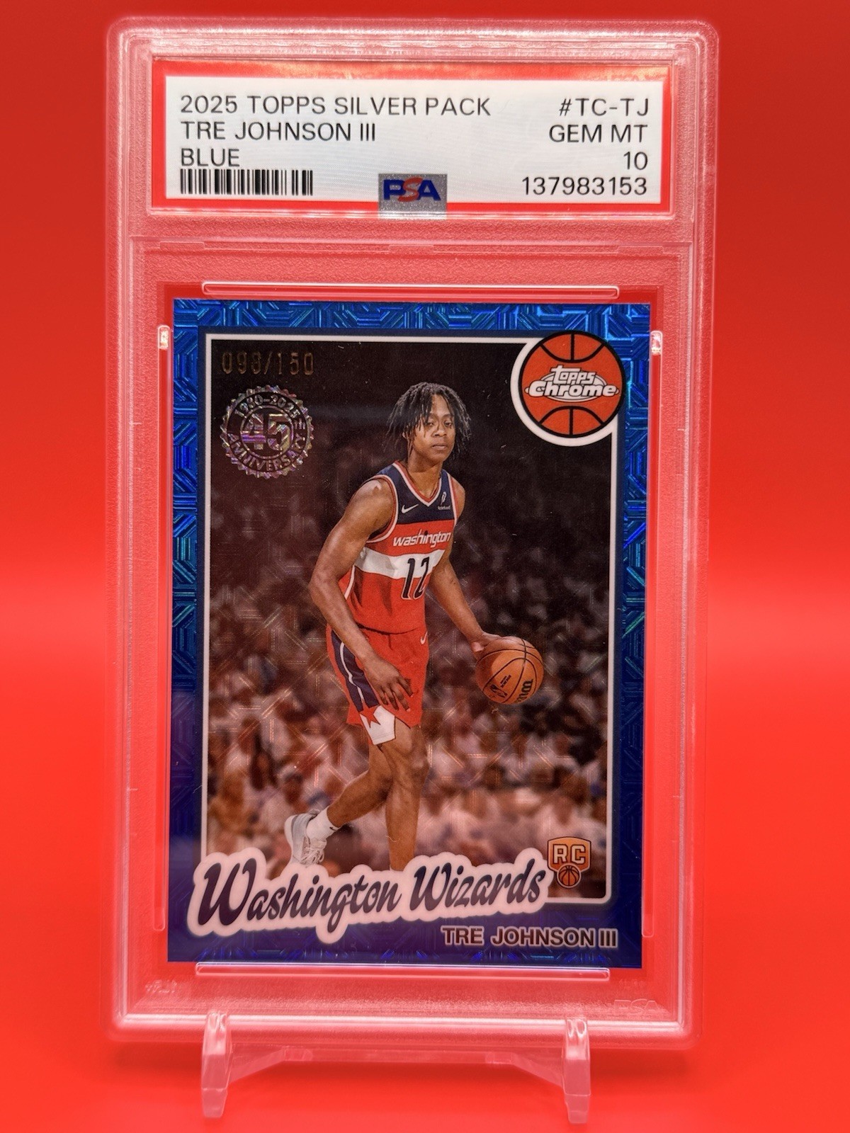 2025-26 Topps Chrome TRE JOHNSON III *POP 1 Blue Silver Pack Mojo RC /150 PSA 10