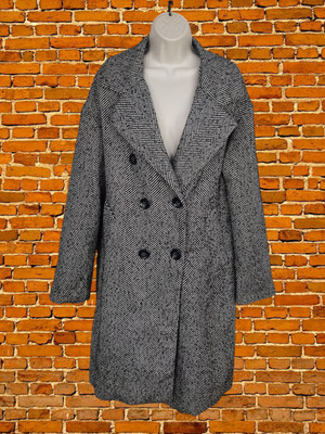 N A - K D SCHWARZER MANTEL MIT FISCHGRÄTMUSTER GRÖSSE UK 8 OVERSIZED DAMEN ZWEIREIHIG